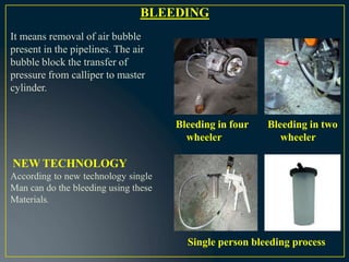 BLEEDING
It means removal of air bubble
present in the pipelines. The air
bubble block the transfer of
pressure from calliper to master
cylinder.
Bleeding in four
wheeler
Bleeding in two
wheeler
NEW TECHNOLOGY
According to new technology single
Man can do the bleeding using these
Materials.
Single person bleeding process
 