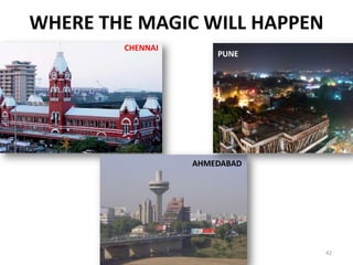 WHERE THE MAGIC WILL HAPPEN
        CHENNAI
                      PUNE




                  AHMEDABAD




                              42
 