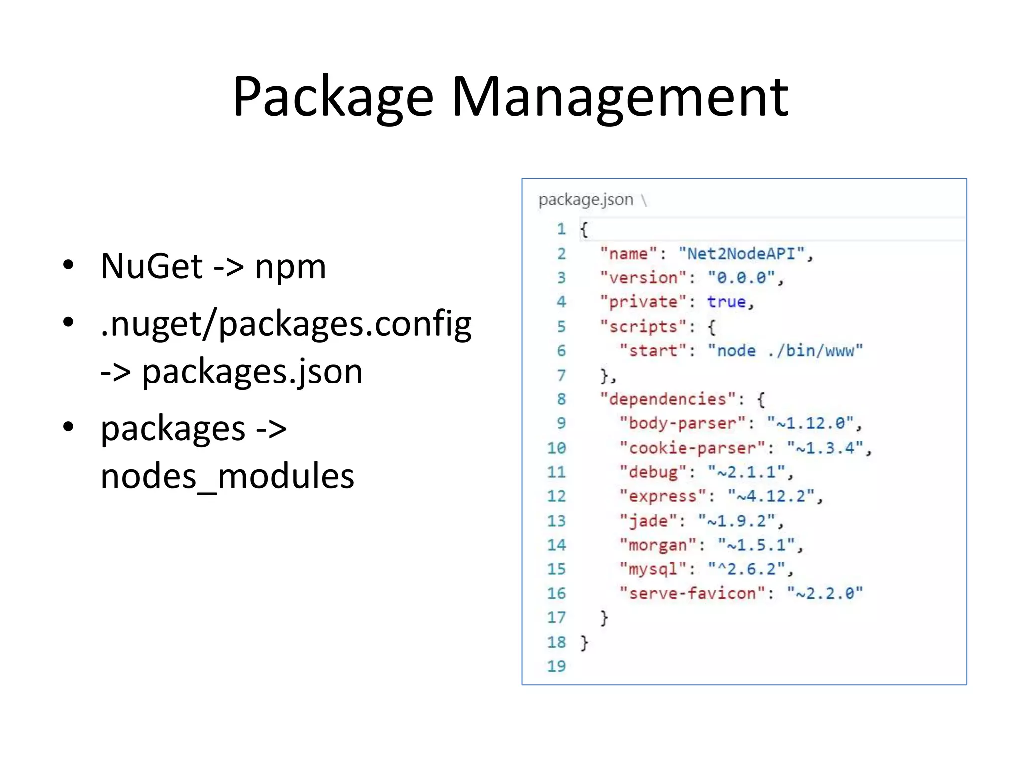 Package Management
• NuGet -> npm
• .nuget/packages.config
-> packages.json
• packages ->
nodes_modules
 