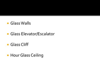 

Glass Walls



Glass Elevator/Escalator



Glass Cliff



Hour Glass Ceiling

 