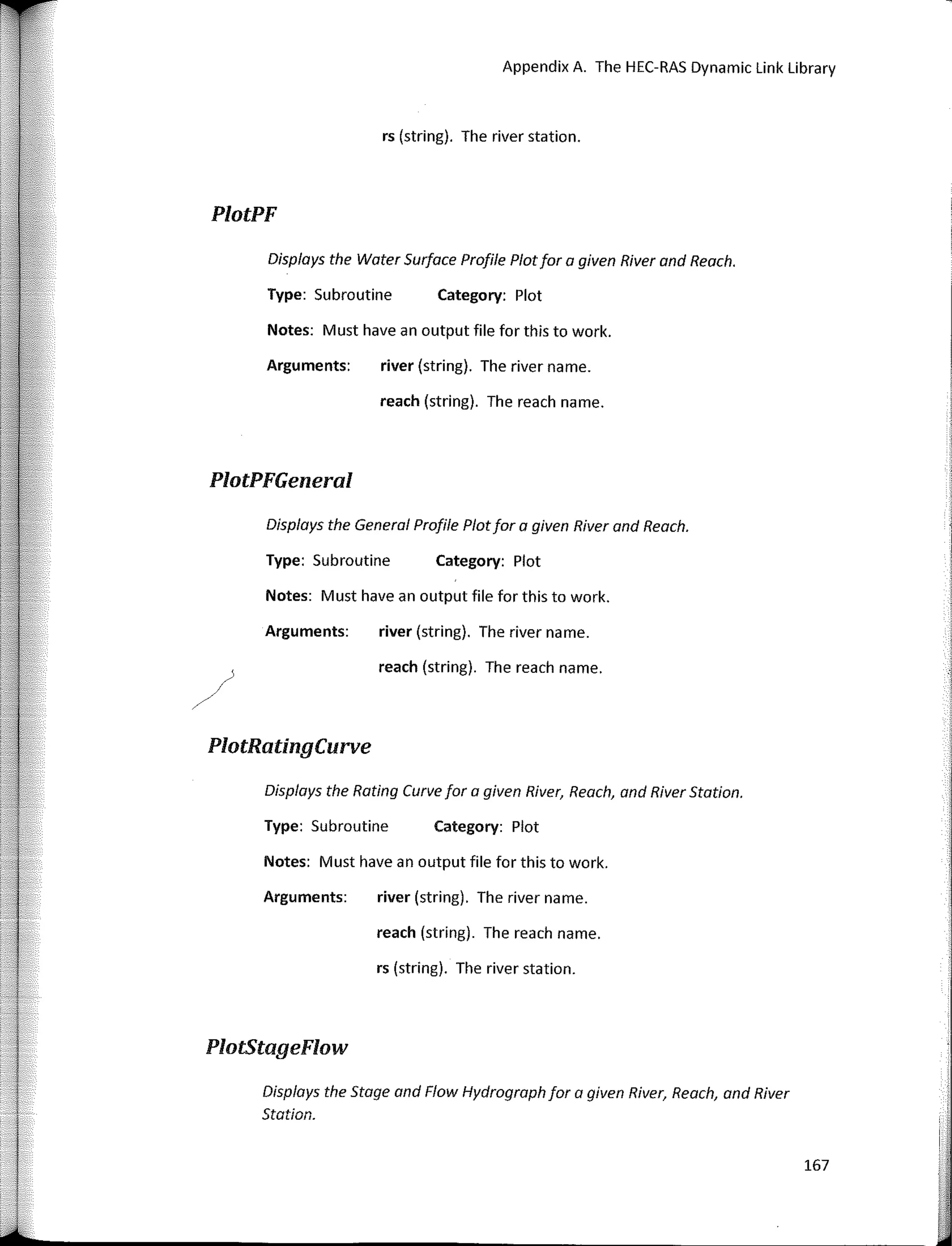 Notes: Must have an output file far this to work.
rs (string). The river station.
Notes: Must have an output file far this to work.
; !
1
Category: Plot
Category: Plot
Category: Plot
river (string). The river name.
reach (string). The reach name.
river (string). The river name.
reach (string). The reach name.
river (string). The river name.
reach (string). The reach name.
rs (string). The river statian.
Type: Subroutine
Arguments:
Type: Subrautine
Appendix A. The HEC-RAS Dynamic Link Library
Displays the Water Surface Profile Platfar a given River and Reach.
167
Notes: Must have an output file far this to work.
Displays the Rating Curve far a given River, Reach, and River Statian.
Displays the General Profile Platfar a given River and Reach.
Type: Subroutine
Arguments:
Displays the Stage and Flaw Hydrograph far a given River, Reach, and River
Station.
PlotPF
PlotPFGeneral
Arguments:
PlotRatingCurve
PlotStageFlow
/
 