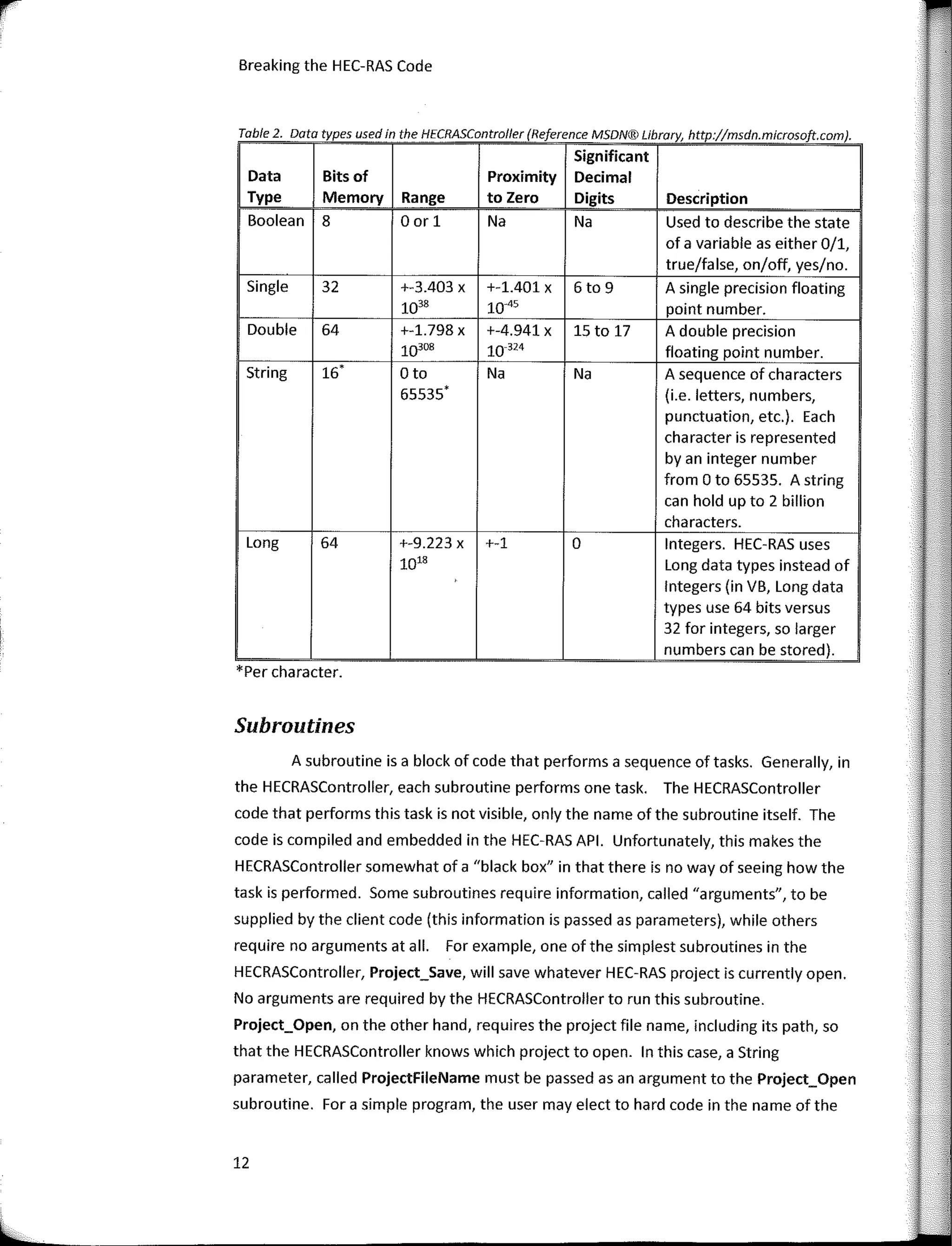 Breaking the HEC-RAS Code
Table 2 Data types used in the HECRASController (Reference MSDN® Library http·//msdn microsoft com)
,
Significant
Data Bits of Proximity Decimal
Type Memory Range to Zero Digits Description
Boolean 8 O or 1 Na Na Used to describe the state
of a variable as either 0/1,
true/false, on/off, yes/no.
Single 32 +-3.403 X +-1.401 X 6to 9 A single precision floating
1038 10-'5 point number.
Double 64 +-1.798 X +-4.941 X 15 to 17 A double precision
10308 10-324 floating point number.
String 16' Oto Na Na A sequence of characters
55535' (i.e. letters, numbers,
punctuation, etc.). Each
character is represented
by an integer number
from O to 65535. A string
can hold up to 2 billion
characters.
Long 64 +-9.223 X +-1 o lntegers. HEC-RAS uses
10'8 Long data types instead of
lntegers (in VB, Long data
types use 64 bits versus
32 far integers, so larger
numbers can be stored).
*Per character.
Subroutines
A subroutine is a block of code that performs a sequence of tasks. Generally, in
the HECRASController, each subroutine performs one task. The HECRASController
code that performs this task is not visible, only the name of the subroutine itself. The
code is compiled and embedded in the HEC-RAS API. Unfortunately, this makes the
HECRASController somewhat of a "black box" in that there is no way of seeing how the
task is performed. Sorne subroutines require information, called "arguments", to be
supplied by the client code (this information is passed as parameters), while others
require no arguments at ali. Far example, one of the simples! subroutines in the
HECRASController, Project_Save, will save whatever HEC-RAS project is currently open.
No arguments are required by the HECRASController to run this subroutine.
Project_Open, on the other hand, requires the project file name, including its path, so
that the HECRASController knows which project to open. In this case, a String
parameter, called ProjectFileName must be passed asan argument to the Project_Open
subroutine. Far a simple program, the user may elect to hard code in the name of the
12
 