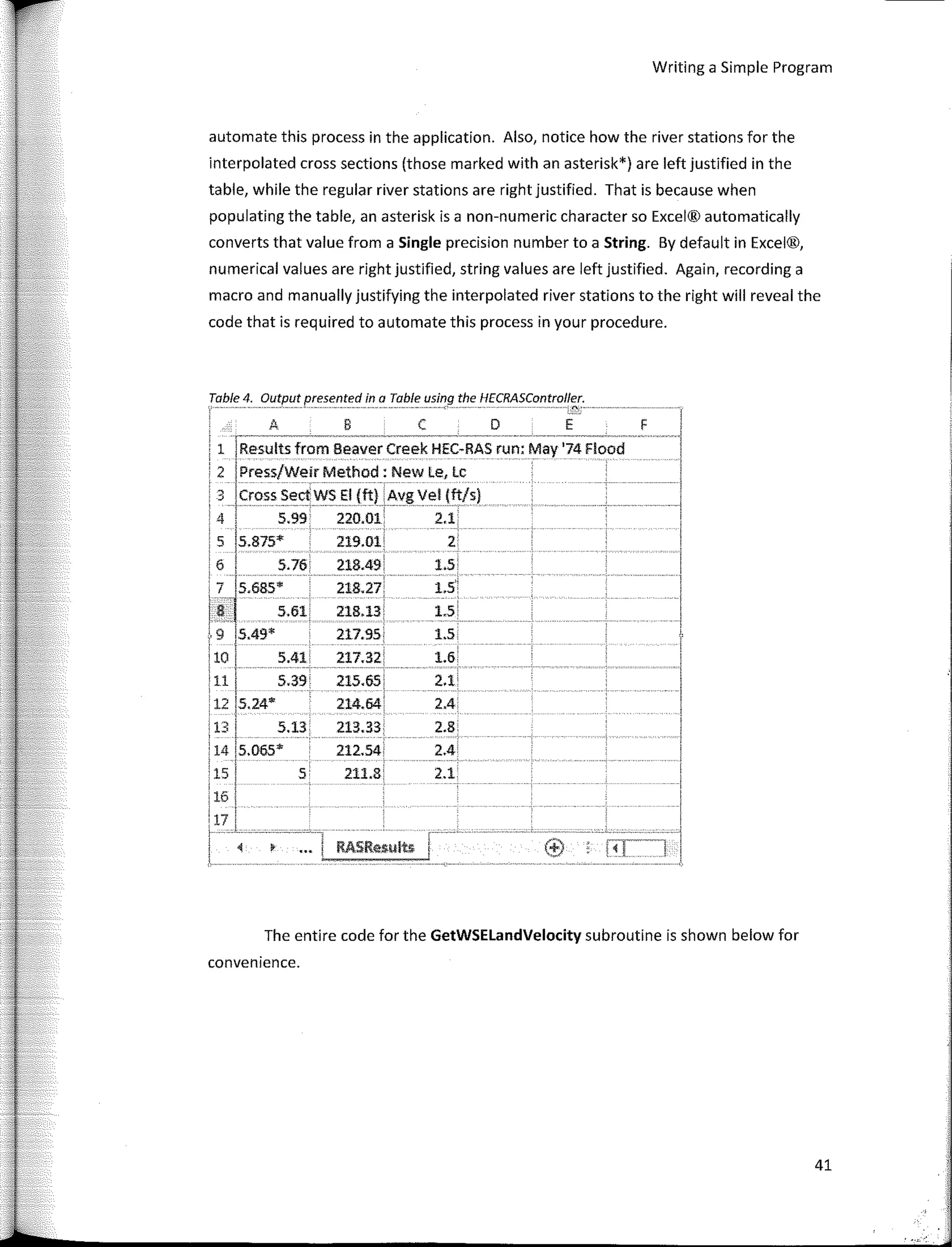 Writing a Simple Program
automate this process in the application. Also, notice how the river stations for the
interpolated cross sections (those marked with an asterisk*) are left justified in the
table, while the regular river stations are rightjustified. That is because when
populating the table, an asterisk is a non-numeric character so Excel® automatically
converts that value from a Single precision number to a String. By default in Excel®,
numerical values are right justified, string values are left justified. Again, recording a
macro and manually justifying the interpolated river stations to the right will reveal the
code that is required to automate this process in your procedure.
Table 4. Output presented in a Table using the HECRASController.
: t:1;,���=C�:,::�AA.°ruO,M,Y·:iR� ' -1
3 l1�
c
ross
SectWS El {ft) AvgVel (ft/s) -1
• 1
4 . 5.99 220.01 2.1. 1
s ¡s.875*
219.01· 2
6 1 s.16· 21a.49: 1.s:
1
¡¡JS.685:.ól ��::�; �:::
 9 ¡s.49* 211.95 1.5
: 10 ¡ s.41 211.32 1.6:
! 11 1
5.39" 215.65. 2.1•
: 12 15.24* 214.64: 2.4
. ,
. 13 i 5.13 213.33 2.8
' ¡
: 14 is.065* 212.s4; 2.4
: is l s 211.8: 2.1
161 .
·17
i _ l _ --�.,-- ----- ,
r--
l < • AASRes.u!u 1 ('!:)
The entire code for the GetWSELandVelocity subroutine is shown below for
convenience.
41
 