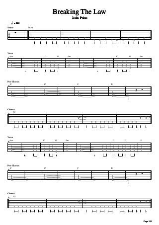 Breaking The Law
Judas Priest
h

= 160

Snare
1

Intro

4
4

Verse
6

Am

C

G

Am

C

G

Am

Pre-Chorus
14

F

C

F

E

P

Chorus
A5

22

Verse
26

Am

C

G

Am

C

D

E

Pre-Chorus
34

F

C

F

E

P

Chorus
42

A5

Page 1/2

 