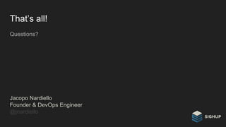 That’s all!
Questions?
Jacopo Nardiello
Founder & DevOps Engineer
@jnardiello
 