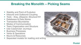 Breaking the Monolith – Picking Seams
 Stability and Point of Evolution
 Inbound and Outbound Coupling
 Tools - Xray, JDepend, Structure101
 Databases & Data Stores
 Transaction Boundaries
 Modes of Communication
 Team Organization and Structure
 Use Cases/User Journeys
 Business Processes
 Verbs & Operations
 Nouns & Resources
 Separated models for reading and writing
 