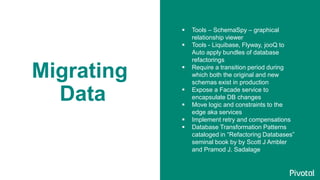 Migrating
Data
 Tools – SchemaSpy – graphical
relationship viewer
 Tools - Liquibase, Flyway, jooQ to
Auto apply bundles of database
refactorings
 Require a transition period during
which both the original and new
schemas exist in production
 Expose a Facade service to
encapsulate DB changes
 Move logic and constraints to the
edge aka services
 Implement retry and compensations
 Database Transformation Patterns
cataloged in “Refactoring Databases”
seminal book by by Scott J Ambler
and Pramod J. Sadalage
 