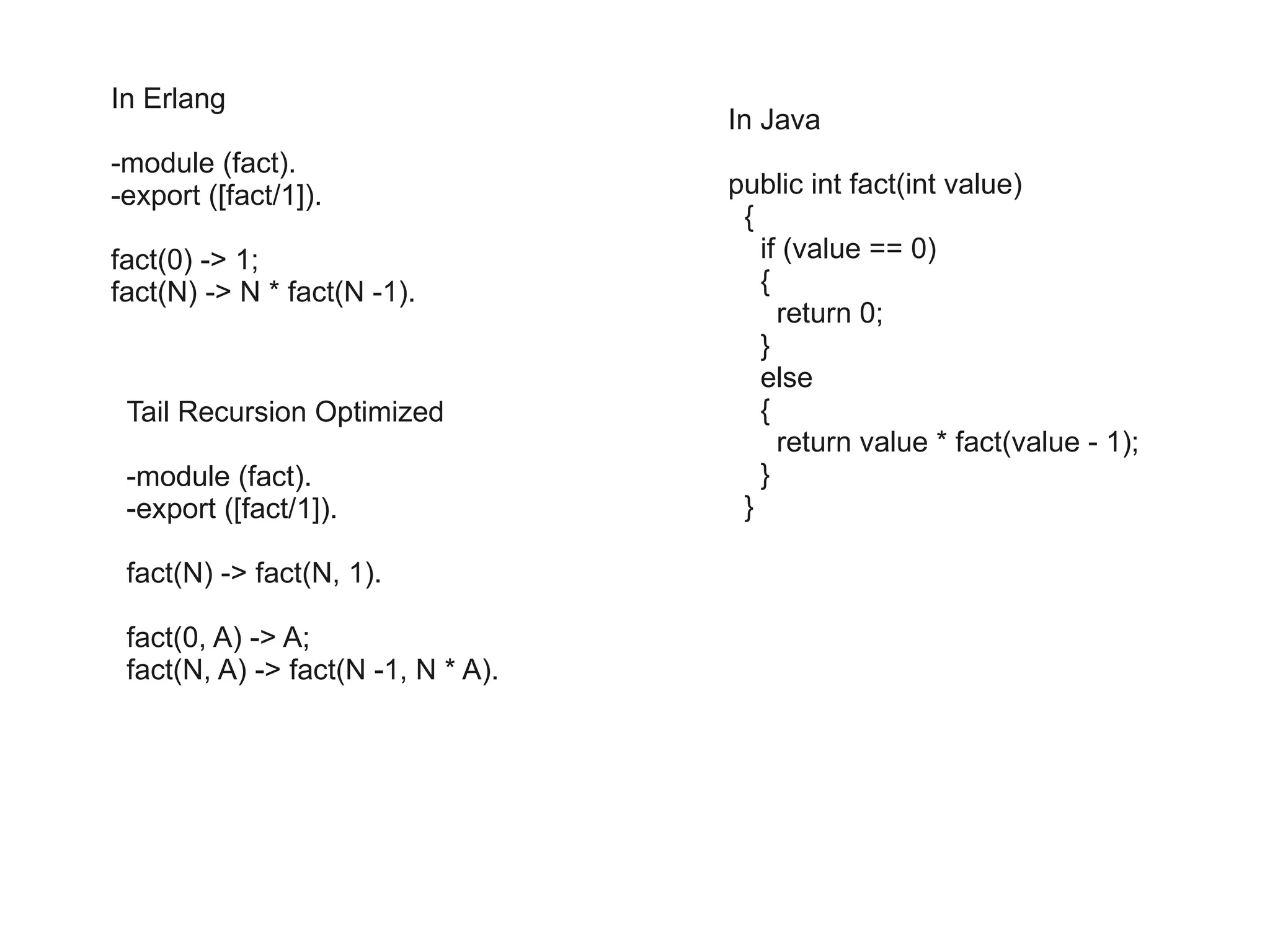 In Erlang
                                    In Java
-module (fact).
-export ([fact/1]).                 public int fact(int value)
                                     {
fact(0) -> 1;                          if (value == 0)
fact(N) -> N * fact(N -1).             {
                                         return 0;
                                       }
                                       else
 Tail Recursion Optimized              {
                                         return value * fact(value - 1);
 -module (fact).                       }
 -export ([fact/1]).                 }

 fact(N) -> fact(N, 1).

 fact(0, A) -> A;
 fact(N, A) -> fact(N -1, N * A).
 