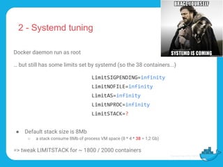 2 - Systemd tuning
Docker daemon run as root
… but still has some limits set by systemd (so the 38 containers...)
LimitSIGPENDING=infinity
LimitNOFILE=infinity
LimitAS=infinity
LimitNPROC=infinity
LimitSTACK=?
● Default stack size is 8Mb
○ a stack consume 8Mb of process VM space (8 * 4 * 38 = 1,2 Gb)
=> tweak LIMITSTACK for ~ 1800 / 2000 containers
 
