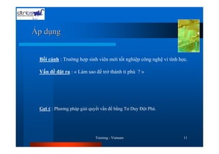 Áp dụng


 Bối cảnh : Trường hợp sinh viên mới tốt nghiệp công nghệ vi tính học.

 Vấn đề đặt ra : « Làm sao để trở thành tỉ phú ? »




 Gợi ý : Phương pháp giải quyết vấn đề bằng Tư Duy Đột Phá.




                            Training - Vietnam                      11
 