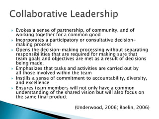 Evokes a sense of partnership, of community, and of
working together for a common good
 Incorporates a participatory or consultative decision-
making process
 Opens the decision-making processing without separating
responsibilities that are required for making sure that
team goals and objectives are met as a result of decisions
being made.
 Emphasizes that tasks and activities are carried out by
all those involved within the team
 Instills a sense of commitment to accountability, diversity,
and excellence
 Ensures team members will not only have a common
understanding of the shared vision but will also focus on
the same final product
(Underwood, 2006; Raelin, 2006)
 