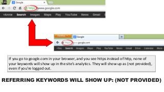 REFERRING KEYWORDS WILL SHOW UP: (NOT PROVIDED)
If you go to google.com in your browser, and you see https instead of http, none of
your keywords will show up in the site’s analytics. They will show up as (not provided),
even if you’re logged out.
 