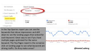 @AnnieCushing
In the Top Queries report you can see the
keywords that drove impressions and drill
down to see the landing pages that ranked for
each keyword. Great way to see if you have
multiple pages optimized for the same
keyword. The Top Pages report is the converse:
click on landing page to see what keywords are
driving traffic. Do they make sense?
 