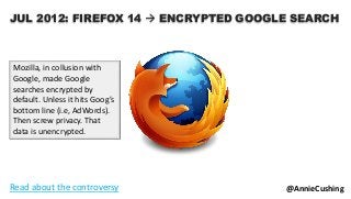 JUL 2012: FIREFOX 14  ENCRYPTED GOOGLE SEARCH
@AnnieCushing
Mozilla, in collusion with
Google, made Google
searches encrypted by
default. Unless it hits Goog’s
bottom line (i.e, AdWords).
Then screw privacy. That
data is unencrypted.
Read about the controversy
 