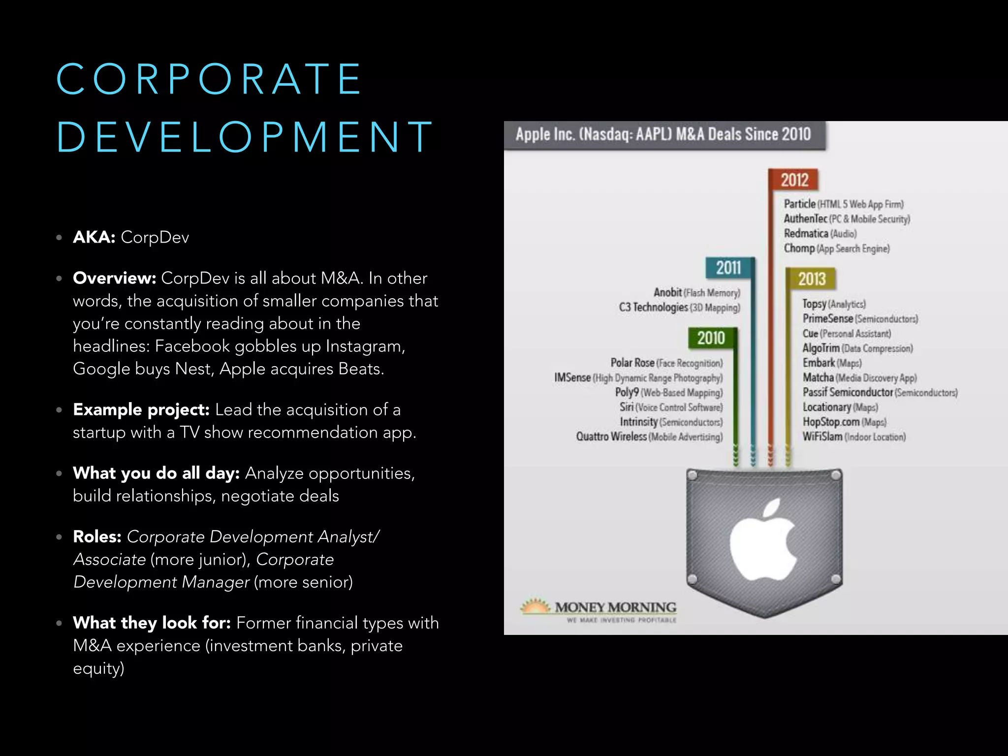 C O R P O R AT E
D E V E L O P M E N T
• AKA: CorpDev
• Overview: CorpDev is all about M&A. In other
words, the acquisition of smaller companies that
you’re constantly reading about in the
headlines: Facebook gobbles up Instagram,
Google buys Nest, Apple acquires Beats.
• Example project: Lead the acquisition of a
startup with a TV show recommendation app.
• What you do all day: Analyze opportunities,
build relationships, negotiate deals
• Roles: Corporate Development Analyst/
Associate (more junior), Corporate
Development Manager (more senior)
• What they look for: Former financial types with
M&A experience (investment banks, private
equity)
 