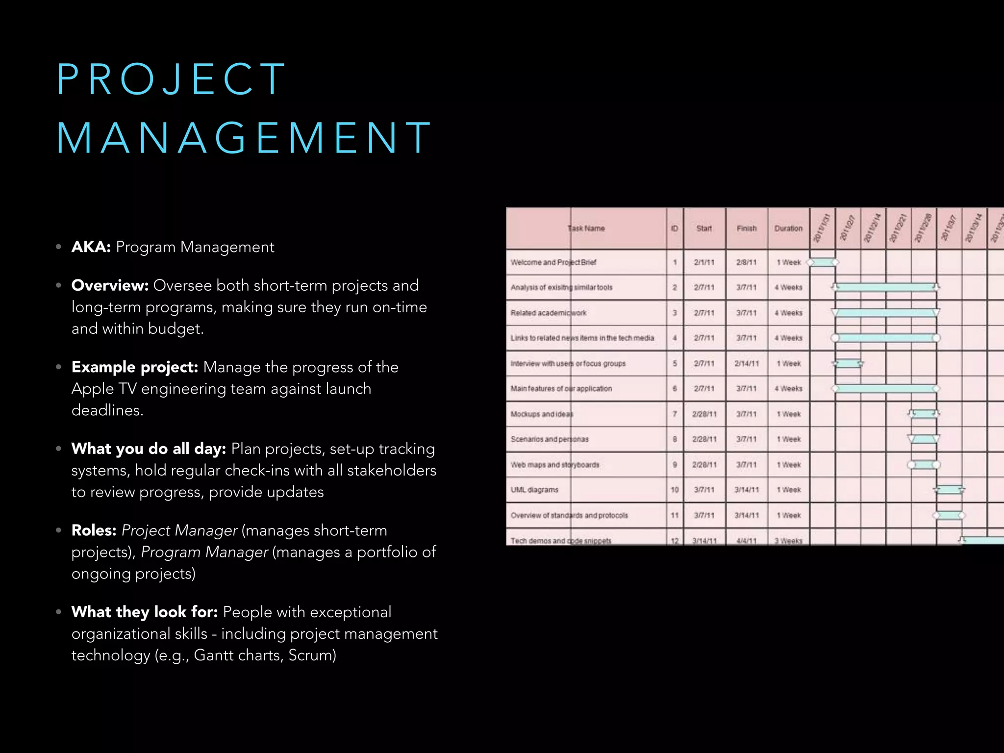 P R O J E C T
M A N A G E M E N T
• AKA: Program Management
• Overview: Oversee both short-term projects and
long-term programs, making sure they run on-time
and within budget.
• Example project: Manage the progress of the
Apple TV engineering team against launch
deadlines.
• What you do all day: Plan projects, set-up tracking
systems, hold regular check-ins with all stakeholders
to review progress, provide updates
• Roles: Project Manager (manages short-term
projects), Program Manager (manages a portfolio of
ongoing projects)
• What they look for: People with exceptional
organizational skills - including project management
technology (e.g., Gantt charts, Scrum)
 