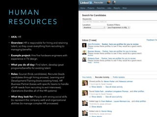 H U M A N
R E S O U R C E S
• AKA: HR
• Overview: HR is responsible for hiring and retaining
talent, so they cover everything from recruiting to
managing benefits.
• Example project: Hire five hardware engineers with
experience in TV design.
• What you do all day: Find talent, develop great
programs/benefits for existing talent
• Roles: Sourcer (finds candidates), Recruiter (leads
candidates through hiring process), Learning and
Development/Training (trains existing hires), HR
Business Partner (liaises with specific teams to handle
all HR needs from recruiting to exit interviews),
Operations (handles all of the HR systems)
• What they look for: People with strong social skills
(to represent the company well) and organizational
abilities (to manage complex HR processes)
 