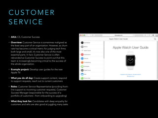 C U S T O M E R
S E R V I C E
• AKA: CS, Customer Success
• Overview: Customer Service is sometimes maligned as
the least sexy part of an organization. However, as churn
rate has become a critical metric for judging tech firms
both large and small, it’s now also one of the most
essential parts. In fact, Customer Service is often
rebranded as Customer Success to point out that this
team is increasingly becoming critical to the success of
the whole organization. 
• Example project: Develop user guides for the new
Apple TV.
• What you do all day: Create support content, respond
to support requests, reach out to current customers
• Roles: Customer Service Representative (providing front-
line support to incoming customer requests), Customer
Success Manager (responsible for the success of a
portfolio of customers - from onboarding to upgrading)
• What they look for: Candidates with deep empathy for
customers and who are also good at juggling many tasks
 