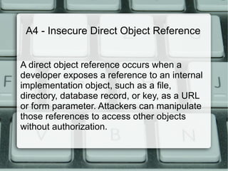 Security Architecture The OWASP Secure Coding Principles puts it thus: “ Security architecture starts on the day the business requirements are modeled, and never finish until the last copy of your application is decommissioned. Security is a life-long process, not a one shot accident.” http://www.owasp.org/index.php/Secure_Coding_Principles 