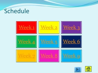 Schedule

    Week 1   Week 2   Week 3

    Week 4   Week 5   Week 6

    Week 7   Week 8   Week 9
 