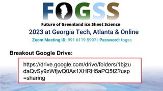 Breakout Google Drive:
2023 at Georgia Tech, Atlanta & Online
Zoom Meeting ID: 991 6119 5997 | Password: fogss
https://drive.google.com/drive/folders/1bjzu
daQvSy9zWfjwQ0As1XHRH5aPQ5fZ?usp
=sharing
 