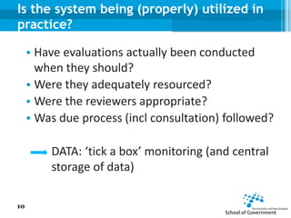 Is the system being (properly) utilized in
practice?
• Have evaluations actually been conducted
when they should?
• Were they adequately resourced?
• Were the reviewers appropriate?
• Was due process (incl consultation) followed?
DATA: ‘tick a box’ monitoring (and central
storage of data)
10
 