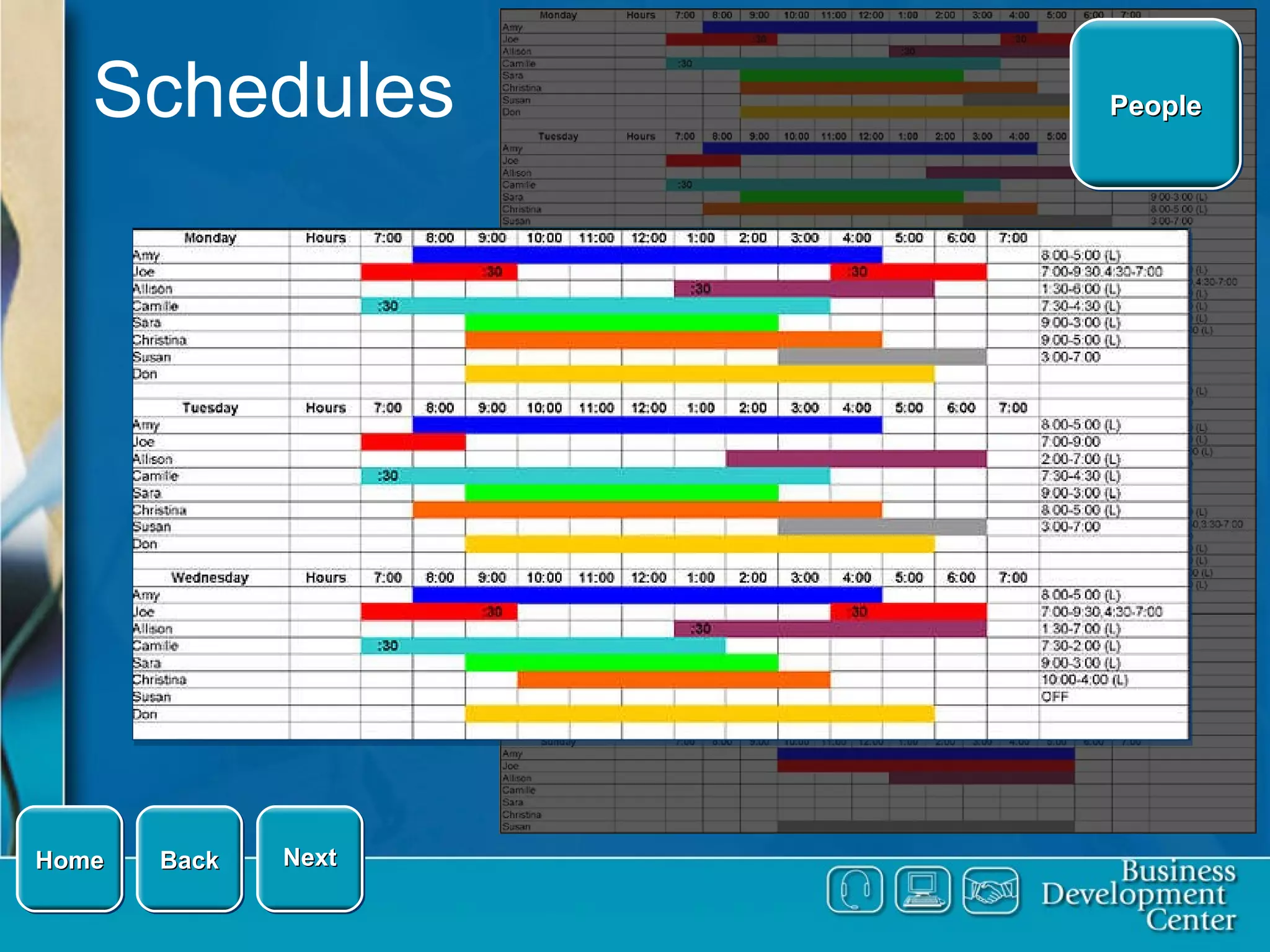 Schedules Home Home Next Back People 