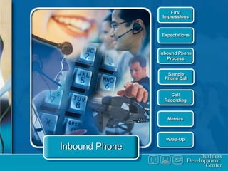 First
                 Impressions



                 Expectations



                Inbound Phone
                   Process


                   Sample
                  Phone Call


                    Call
                  Recording



                   Metrics



                  Wrap-Up
Inbound Phone
 