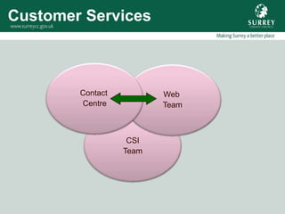 Customer Services



        Contact          Web
        Centre           Team



                   CSI
                  Team
 