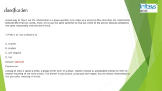 classification
A good way to figure out the relationship in a given question is to make up a sentence that describes the relationship
between the first two words. Then, try to use the same sentence to find out which of the answer choices completes
the same relationship with the third word.
1.Pride is to lion as shoal is to
A. teacher
B. student
C. self-respect
D. fish
Answer: Option D
Explanation:
A group of lions is called a pride. A group of fish swim in a shoal. Teacher (choice a) and student (choice b) refer to
another meaning of the word school. The answer is not (choice c) because self-respect has no obvious relationship to
this particular meaning of school.
 