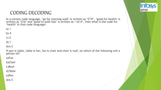CODING-DECODING
In a certain code language, ‘go for morning walk’ is written as ‘$*?#’, ‘good for health’ is
written as ‘£?@’ and ‘good to walk fast’ is written as ‘+@↑#’, then what is the code for
‘health’ in that code language?
a) +
b) #
c) £
d) ?
Ans C
If pen is table, table is fan, fan is chair and chair is roof, on which of the following will a
person sit?
a)Fan
b)Chair
c)Roof
d)Table
e)Pen
Ans C
 