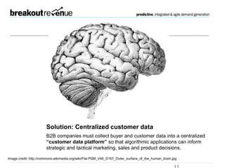 Solution: Centralized
customer data
B2B companies must collect buyer and customer data
into a centralized “customer data platform” so that
algorithmic applications can inform strategic and tactical
marketing, sales and product decisions.
Image credit: http://commons.wikimedia.org/wiki/File:PSM_V46_D167_Outer_surface_of_the_human_brain.jpg
 