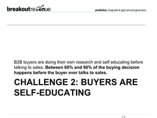 Challenge 2: buyers are
self-educating
B2B buyers are doing their own research and self
educating before talking to sales. Between 60% and
90% of the buying decision happens before the buyer
ever talks to sales.
 