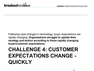 Challenge 4: Customer
expectations change -
quickly
Following rapid changes in technology, buyer
expectations are rapidly changing. Organizations
struggle to update their strategy and tactics
according to these rapidly changing buyer/customer
expectations.
 