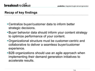 Recap of key findings
Centralize buyer/customer data to make forward
looking decisions.
Buyer behavior data should inform your content
strategy to optimize performance of your content.
Organizational structure must be customer-centric
and collaborative to deliver a seamless
buyer/customer experience.
B2B organizations should use an agile approach
when implementing their demand generation
initiatives to accelerate results.
 