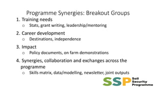 Programme Synergies: Breakout Groups
1. Training needs
o Stats, grant writing, leadership/mentoring
2. Career development
o Destinations, independence
3. Impact
o Policy documents, on farm demonstrations
4. Synergies, collaboration and exchanges across the
programme
o Skills matrix, data/modelling, newsletter, joint outputs
 