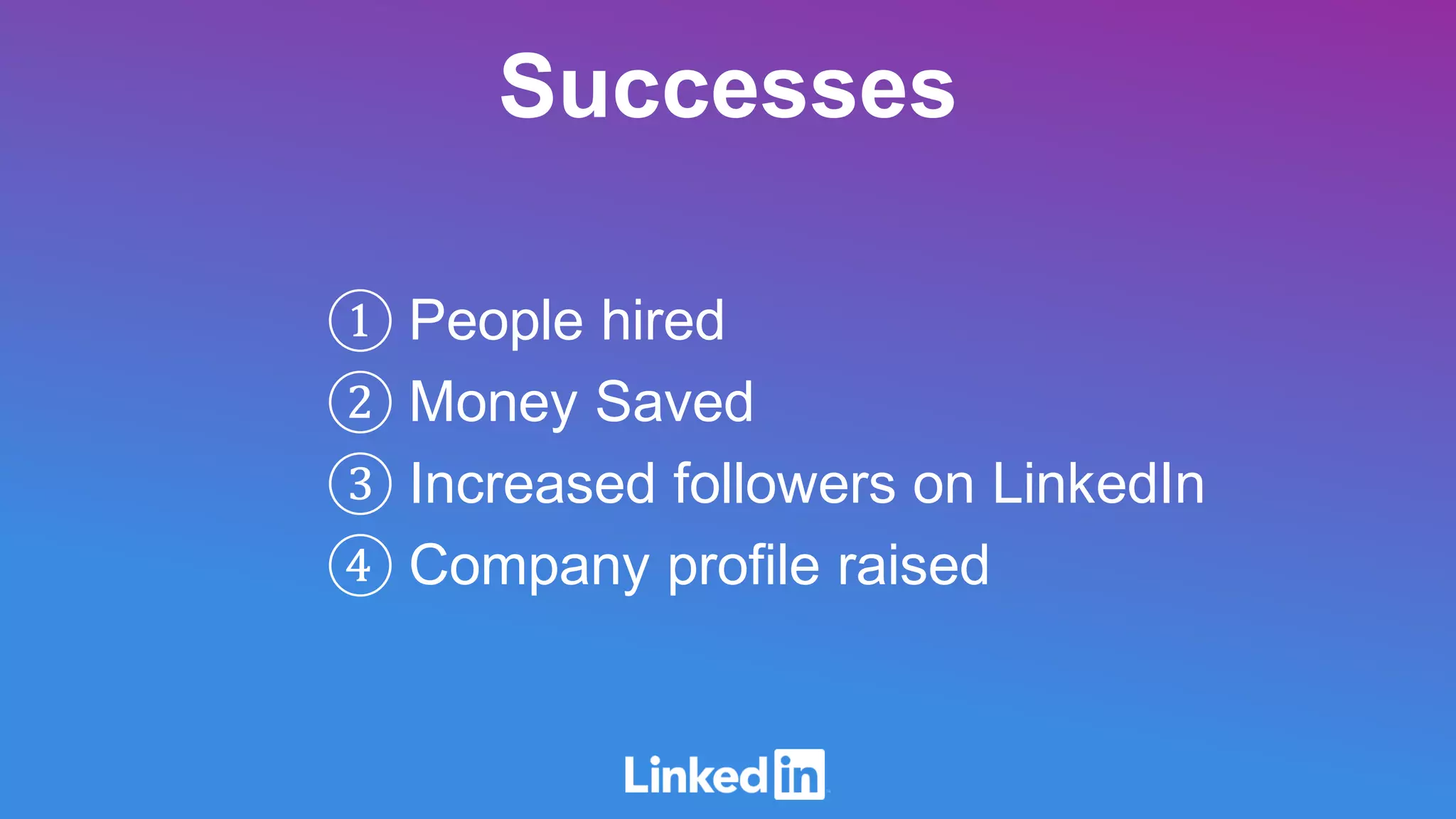 Successes
① People hired
② Money Saved
③ Increased followers on LinkedIn
④ Company profile raised
 
