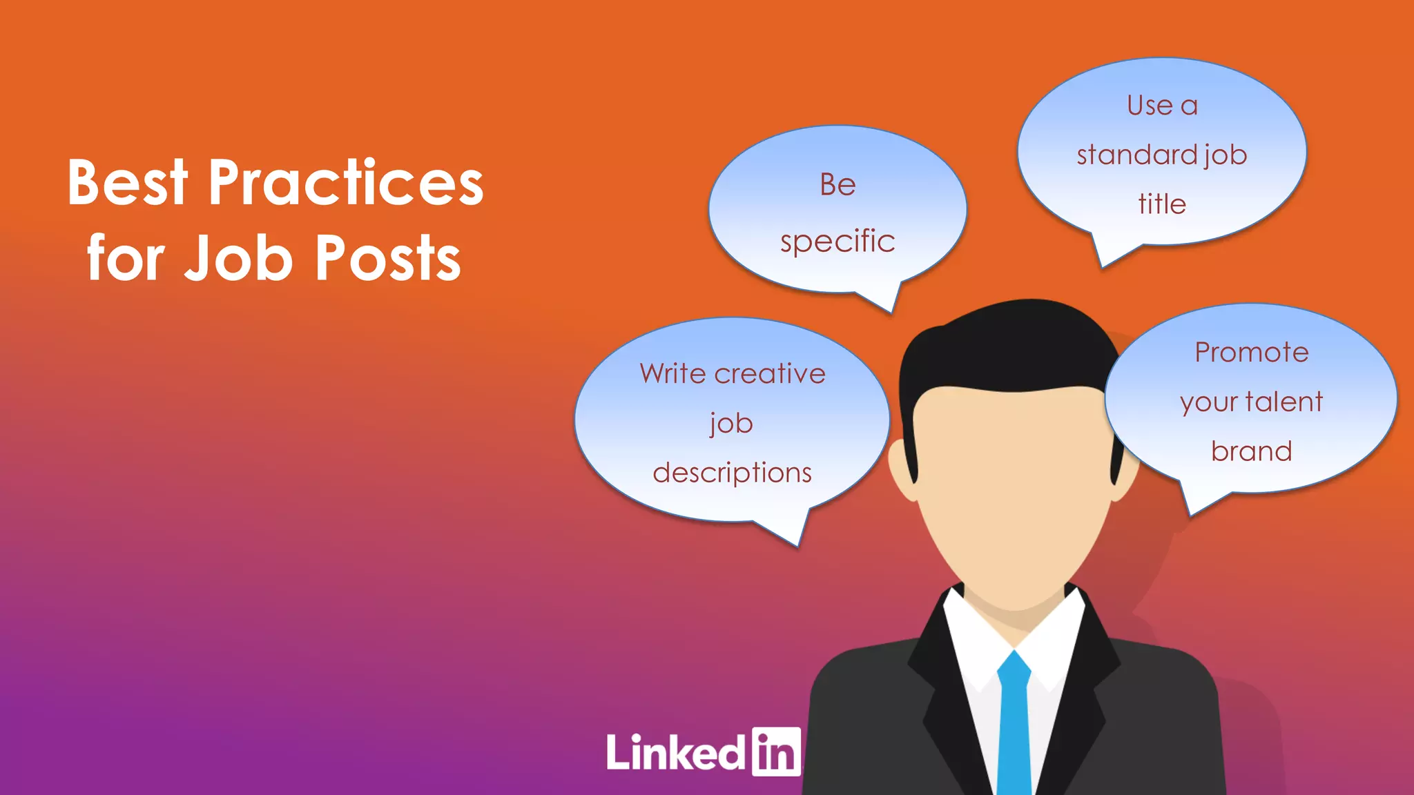 Best Practices
for Job Posts
Promote
your talent
brand
Use a
standard job
title
Be
specific
Write creative
job
descriptions
 