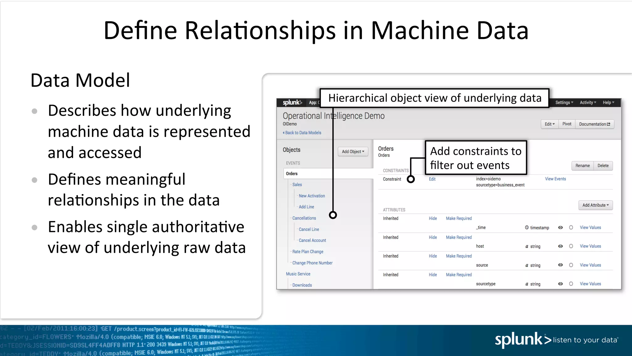 Deﬁne	
  RelaIonships	
  in	
  Machine	
  Data	
  
Data	
  Model	
  
•  Describes	
  how	
  underlying	
  
machine	
  data	
  is	
  represented	
  
and	
  accessed	
  
•  Deﬁnes	
  meaningful	
  
relaIonships	
  in	
  the	
  data	
  	
  
•  Enables	
  single	
  authoritaIve	
  
view	
  of	
  underlying	
  raw	
  data	
  
Hierarchical	
  object	
  view	
  of	
  underlying	
  data	
  
Add	
  constraints	
  to	
  
ﬁlter	
  out	
  events	
  	
  
 