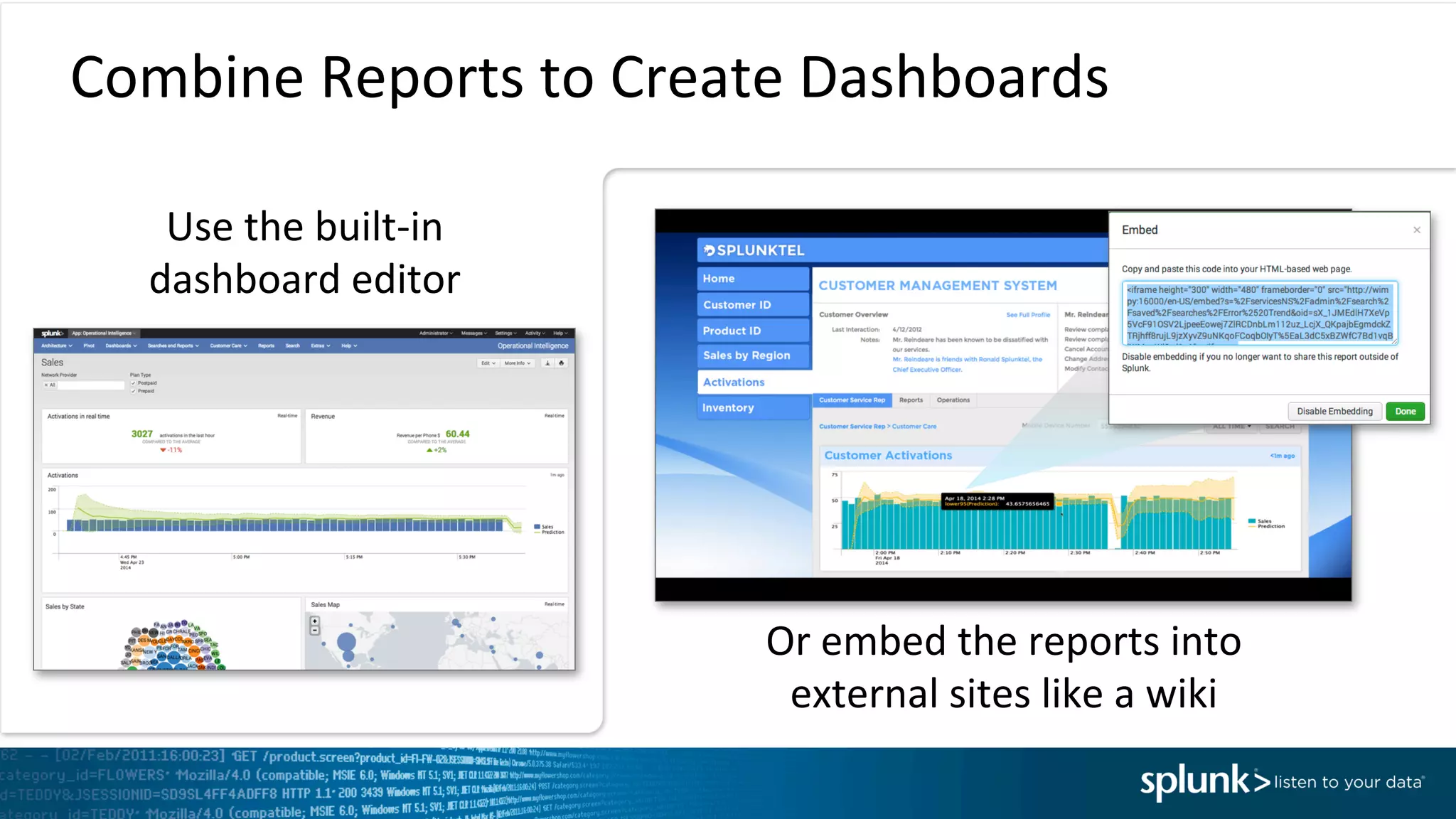 Combine	
  Reports	
  to	
  Create	
  Dashboards	
  
Use	
  the	
  built-­‐in	
  	
  
dashboard	
  editor	
  
Or	
  embed	
  the	
  reports	
  into	
  
external	
  sites	
  like	
  a	
  wiki	
  
 