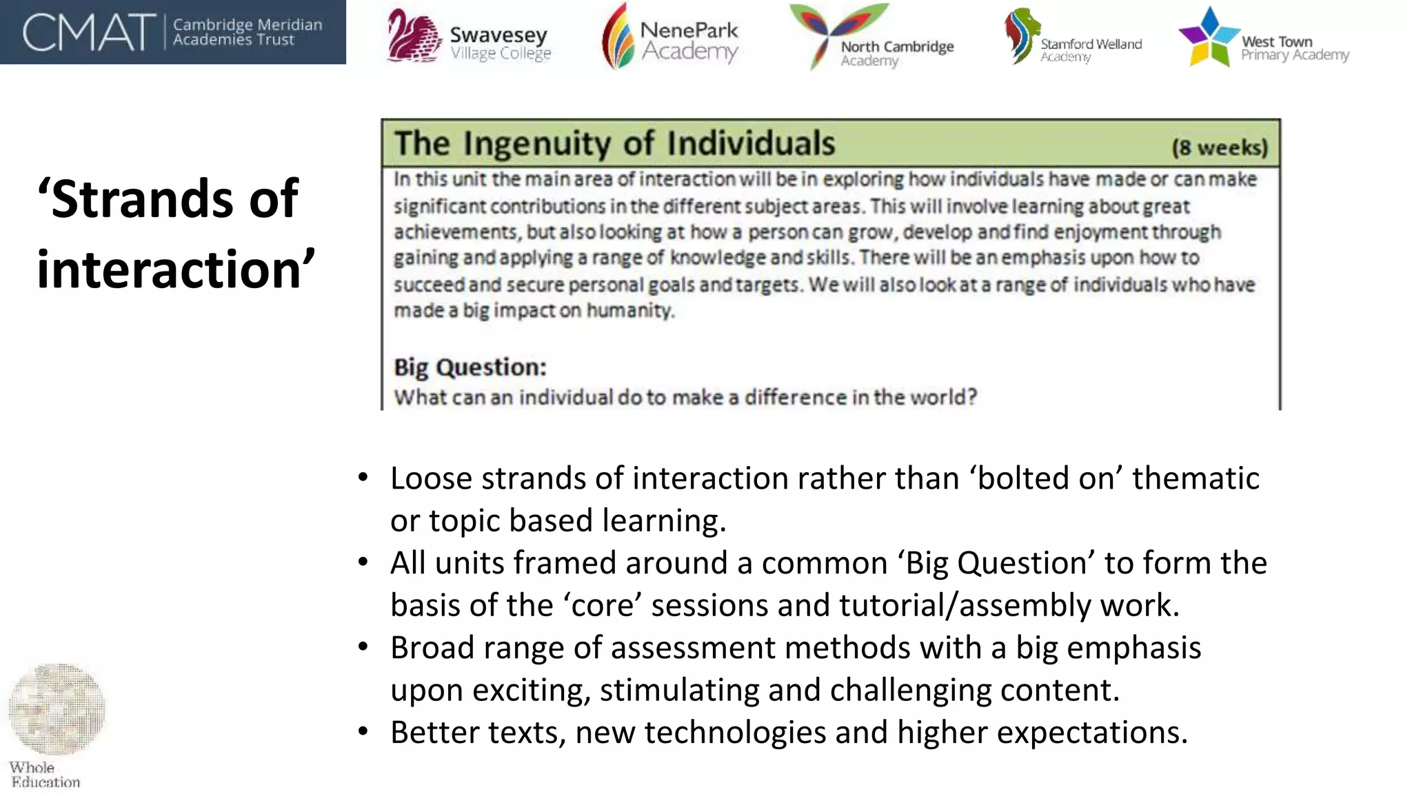 • Loose strands of interaction rather than ‘bolted on’ thematic
or topic based learning.
• All units framed around a common ‘Big Question’ to form the
basis of the ‘core’ sessions and tutorial/assembly work.
• Broad range of assessment methods with a big emphasis
upon exciting, stimulating and challenging content.
• Better texts, new technologies and higher expectations.
‘Strands of
interaction’
 