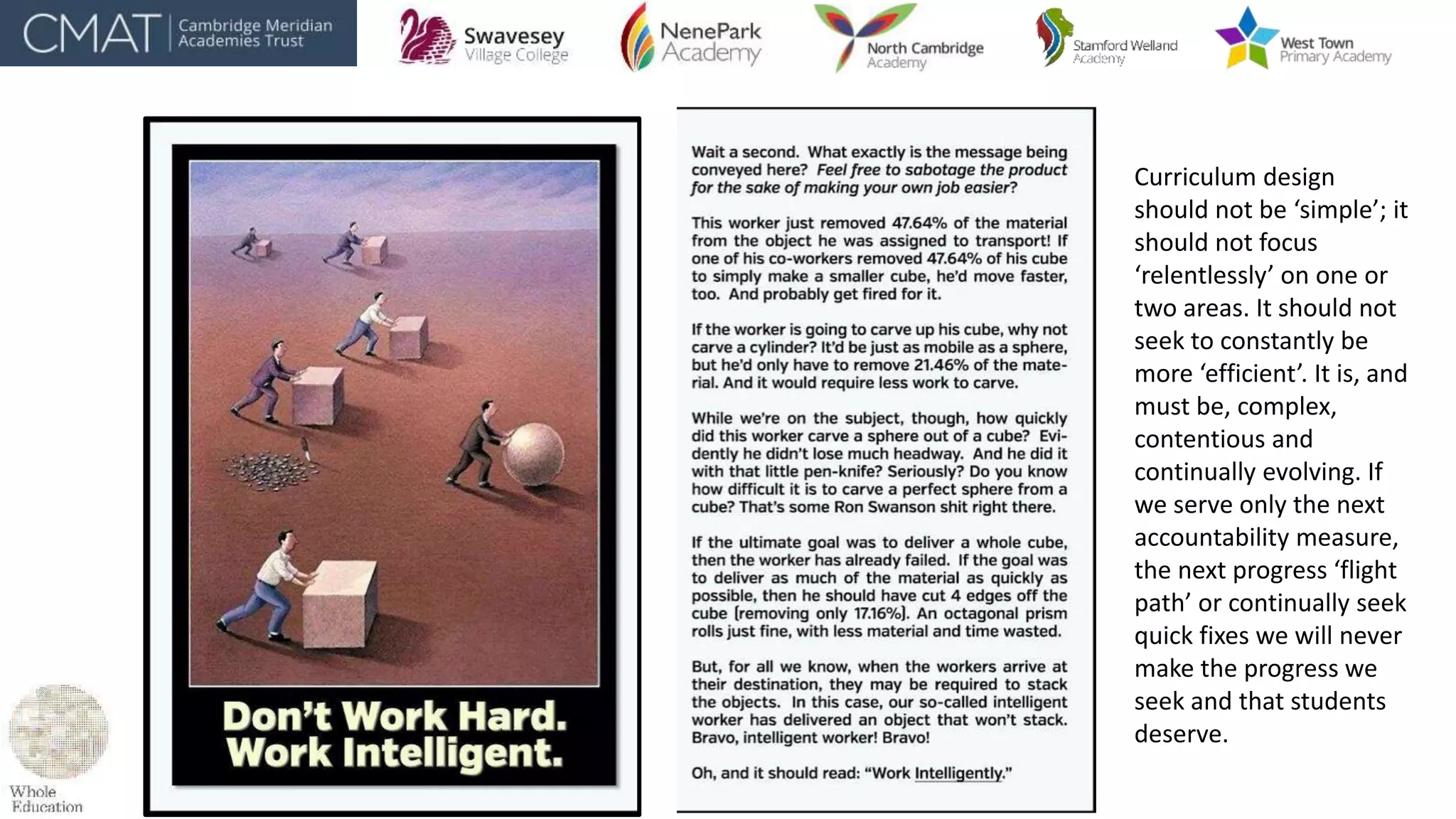 Curriculum design
should not be ‘simple’; it
should not focus
‘relentlessly’ on one or
two areas. It should not
seek to constantly be
more ‘efficient’. It is, and
must be, complex,
contentious and
continually evolving. If
we serve only the next
accountability measure,
the next progress ‘flight
path’ or continually seek
quick fixes we will never
make the progress we
seek and that students
deserve.
 