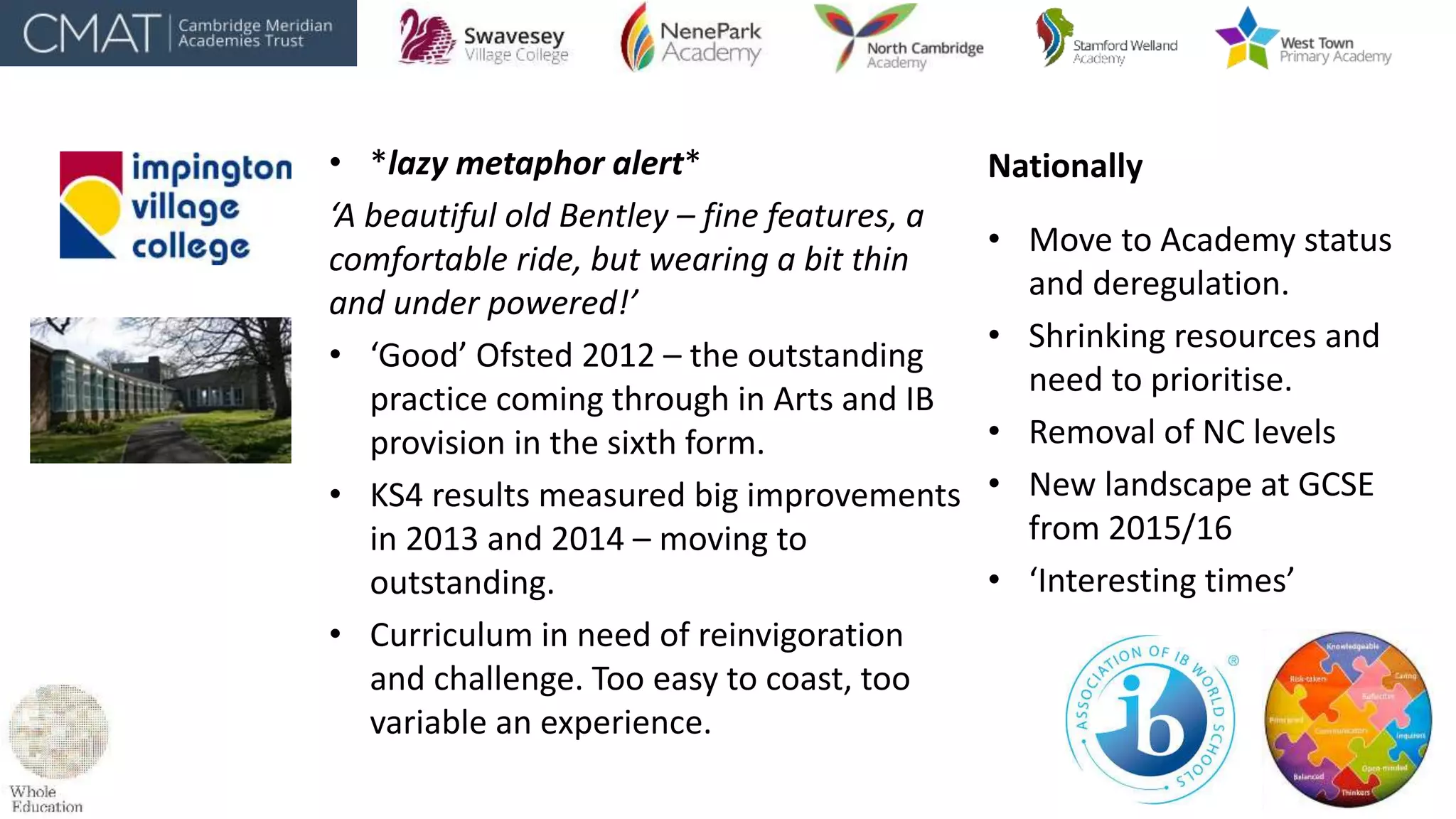 • *lazy metaphor alert*
‘A beautiful old Bentley – fine features, a
comfortable ride, but wearing a bit thin
and under powered!’
• ‘Good’ Ofsted 2012 – the outstanding
practice coming through in Arts and IB
provision in the sixth form.
• KS4 results measured big improvements
in 2013 and 2014 – moving to
outstanding.
• Curriculum in need of reinvigoration
and challenge. Too easy to coast, too
variable an experience.
Nationally
• Move to Academy status
and deregulation.
• Shrinking resources and
need to prioritise.
• Removal of NC levels
• New landscape at GCSE
from 2015/16
• ‘Interesting times’
 