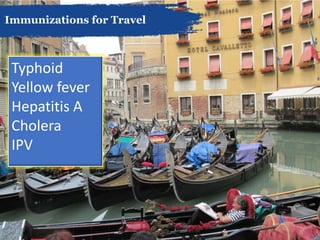Immunizations for Travel
Typhoid
Yellow fever
Hepatitis A
Cholera
IPV
 