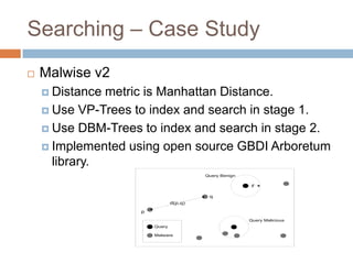 Searching – Case Study


Malwise v2
 Distance

metric is Manhattan Distance.
 Use VP-Trees to index and search in stage 1.
 Use DBM-Trees to index and search in stage 2.
 Implemented using open source GBDI Arboretum
library.
Query Benign

r
q
d(p,q)
p
Query Malicious
Query
Malware

 