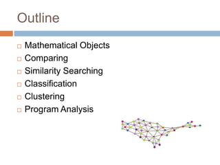 Outline








Mathematical Objects
Comparing
Similarity Searching
Classification
Clustering
Program Analysis

 