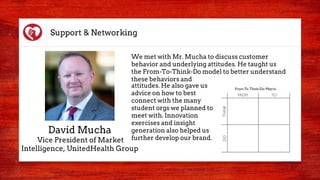 Support & Networking
David Mucha
Vice President of Market
Intelligence, UnitedHealth Group
We met with Mr. Mucha to discuss customer
behavior and underlying attitudes. He taught us
the From-To-Think-Do model to better understand
these behaviors and
attitudes. He also gave us
advice on how to best
connect with the many
student orgs we planned to
meet with. Innovation
exercises and insight
generation also helped us
further develop our brand.
 