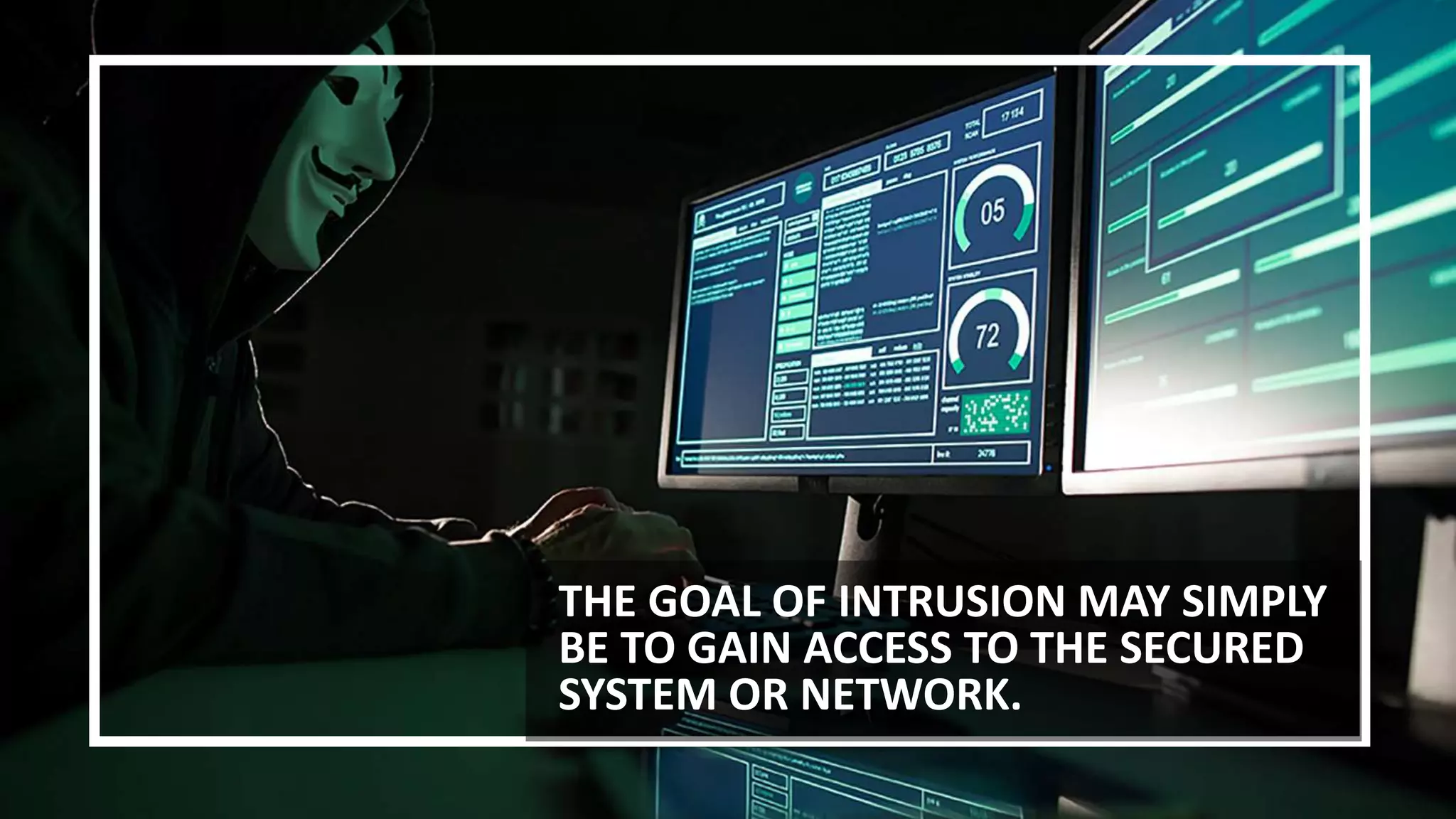 THE GOAL OF INTRUSION MAY SIMPLY
BE TO GAIN ACCESS TO THE SECURED
SYSTEM OR NETWORK.
 