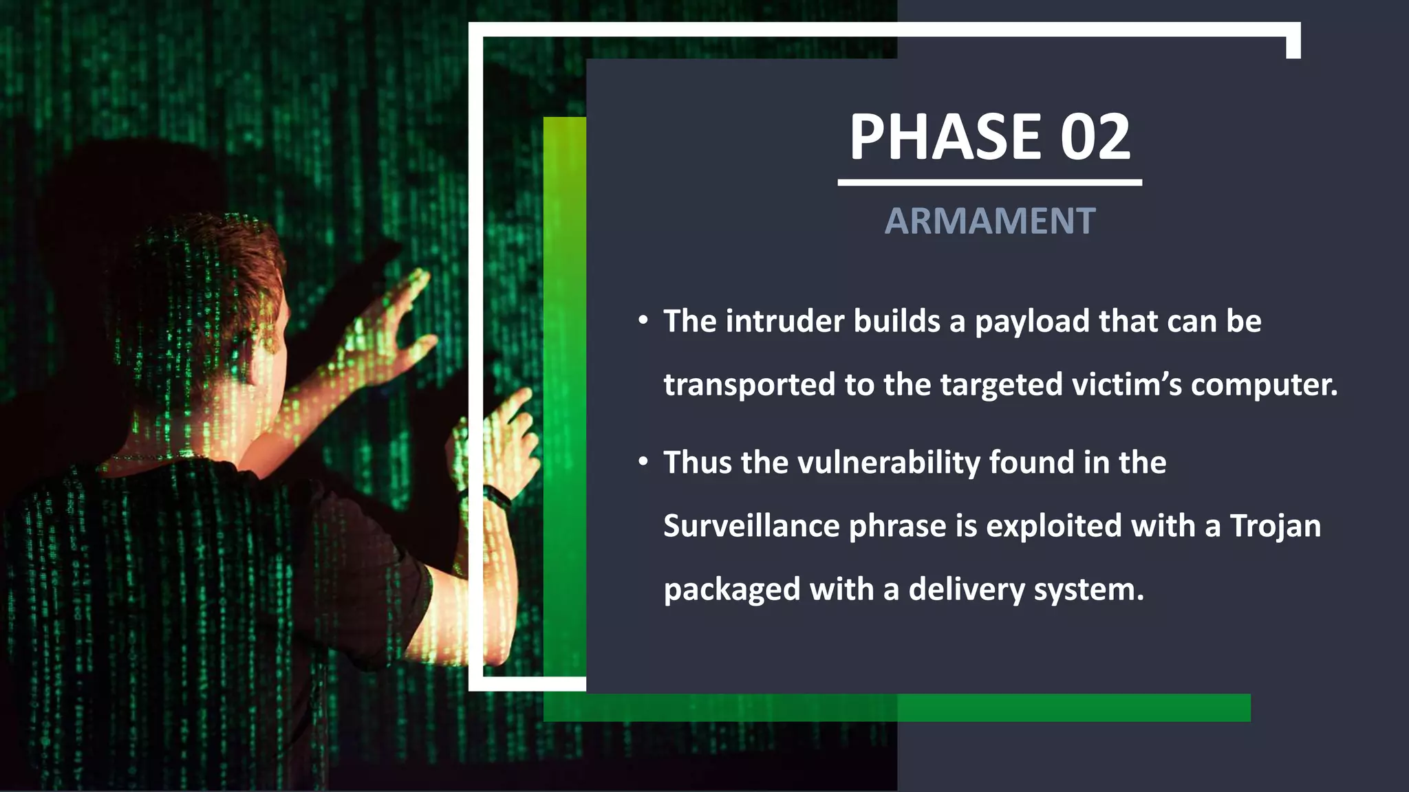 PHASE 02
• The intruder builds a payload that can be
transported to the targeted victim’s computer.
• Thus the vulnerability found in the
Surveillance phrase is exploited with a Trojan
packaged with a delivery system.
ARMAMENT
 