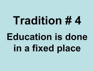 The daily affairs of Sudbury Valley school are
managed by the weekly school meeting, at which
each student and staff member has one vote.
Rules of behavior, use of facilities, expenditures,
staff hiring, and all the routines of running an
institution are determined by debate and vote at
the school meeting.
http://youtu.be/jg9lf7wyQRo
 